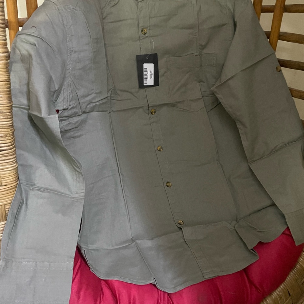 Mens Olive Green Linen shirt with Mandarin Collar. Size M. New with tag. - Picture 2 of 5